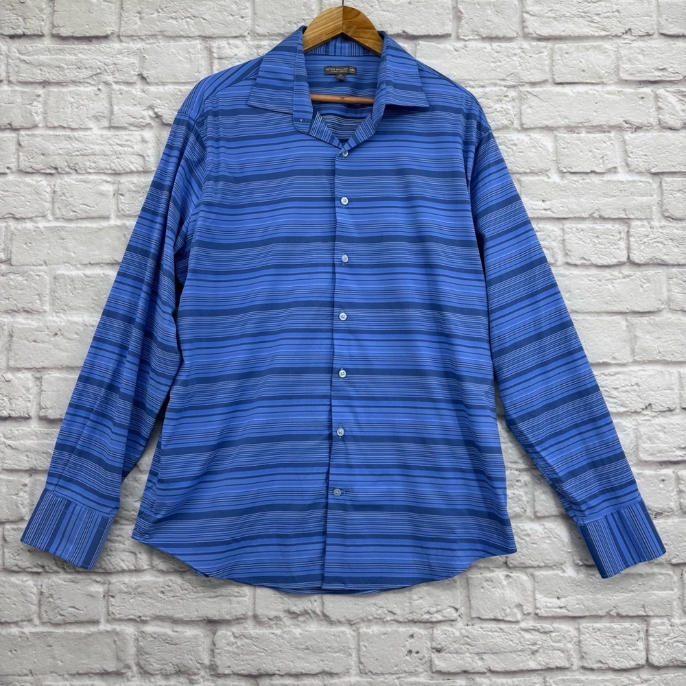 Peter Millar Summer Comfort Men's XL Blue Striped Performance Button-Up Shirt